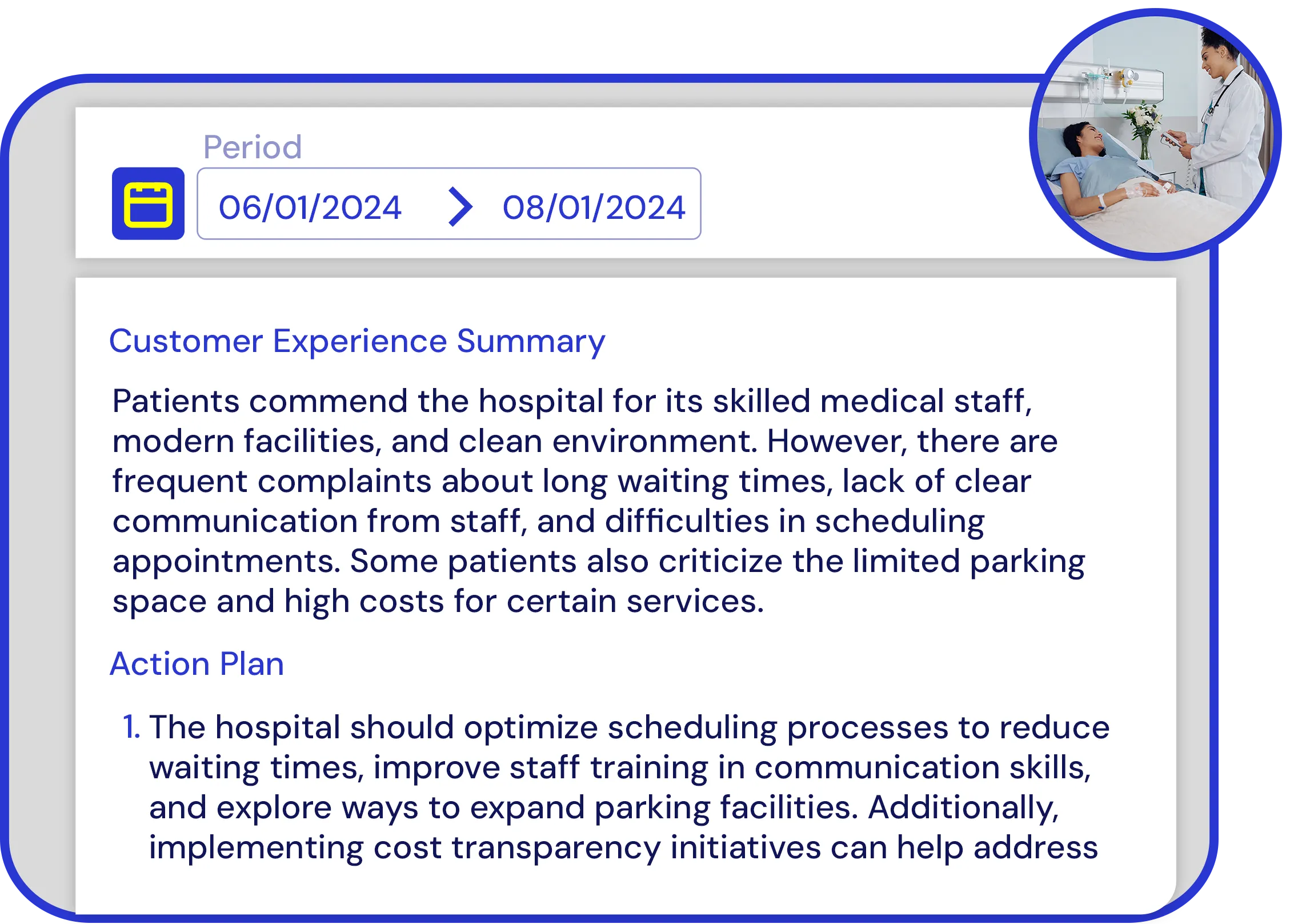 Healthcare customer experience summary and PDCA-based action plan generated from spontaneous patient feedback