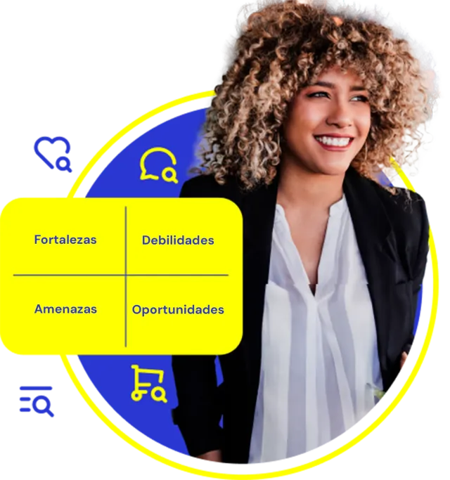 Product Manager junto a un tablero con elementos de análisis SWOT