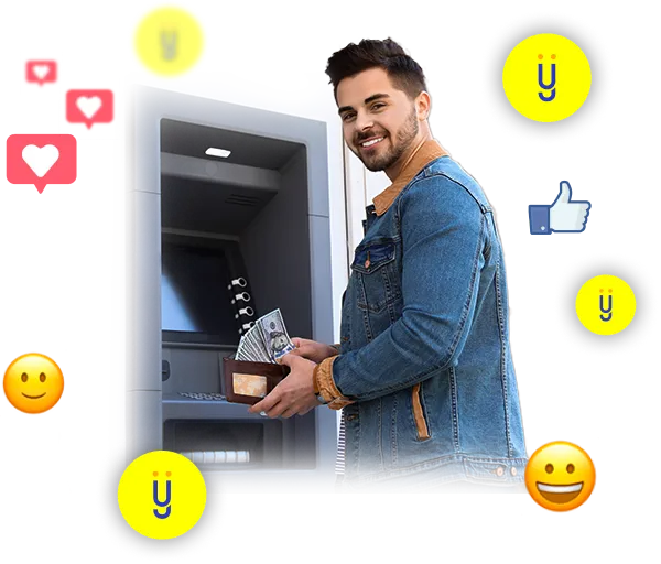 Customer withdrawing cash from ATM, illustrating financial sector