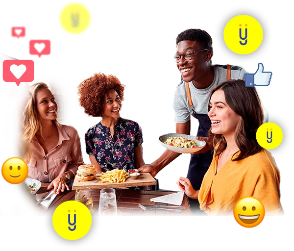 Waiter serving food to a group at a restaurant, surrounded by customer review icons