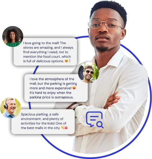 Operations professional with speech bubbles representing customer feedback