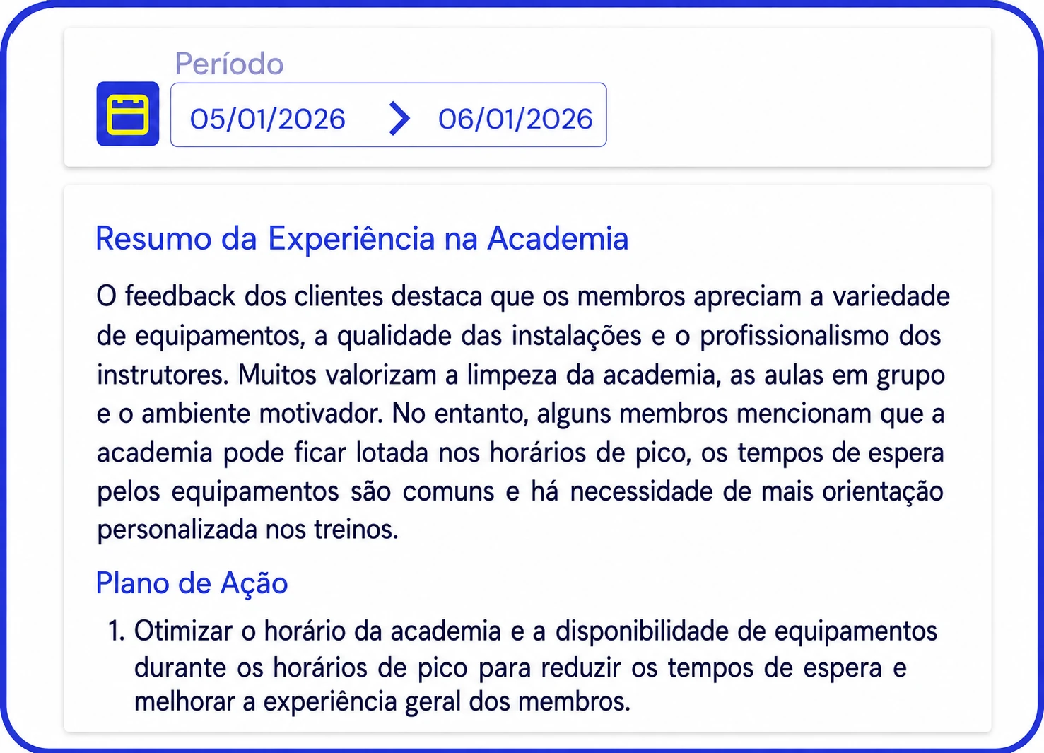 Plano de ação da academia gerado a partir do feedback dos membros