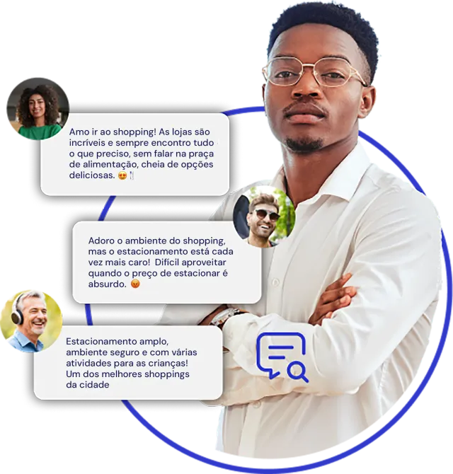Profissional de Operações com balões de fala representando feedbacks de clientes