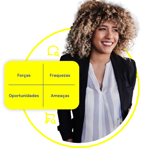 Gestor de Produto ao lado de um quadro com elementos de análise SWOT